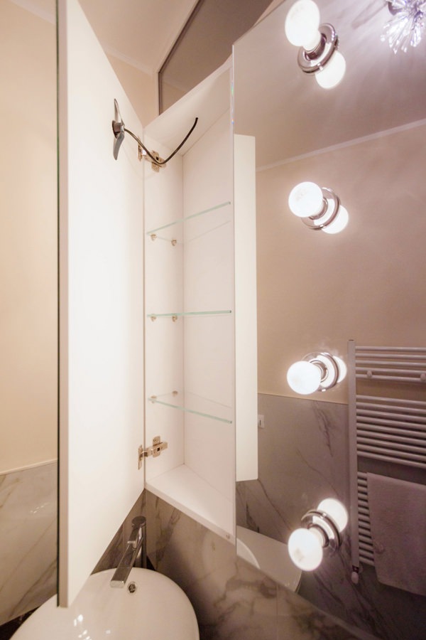 detail of bathroom cabinet with mirror door in white interior