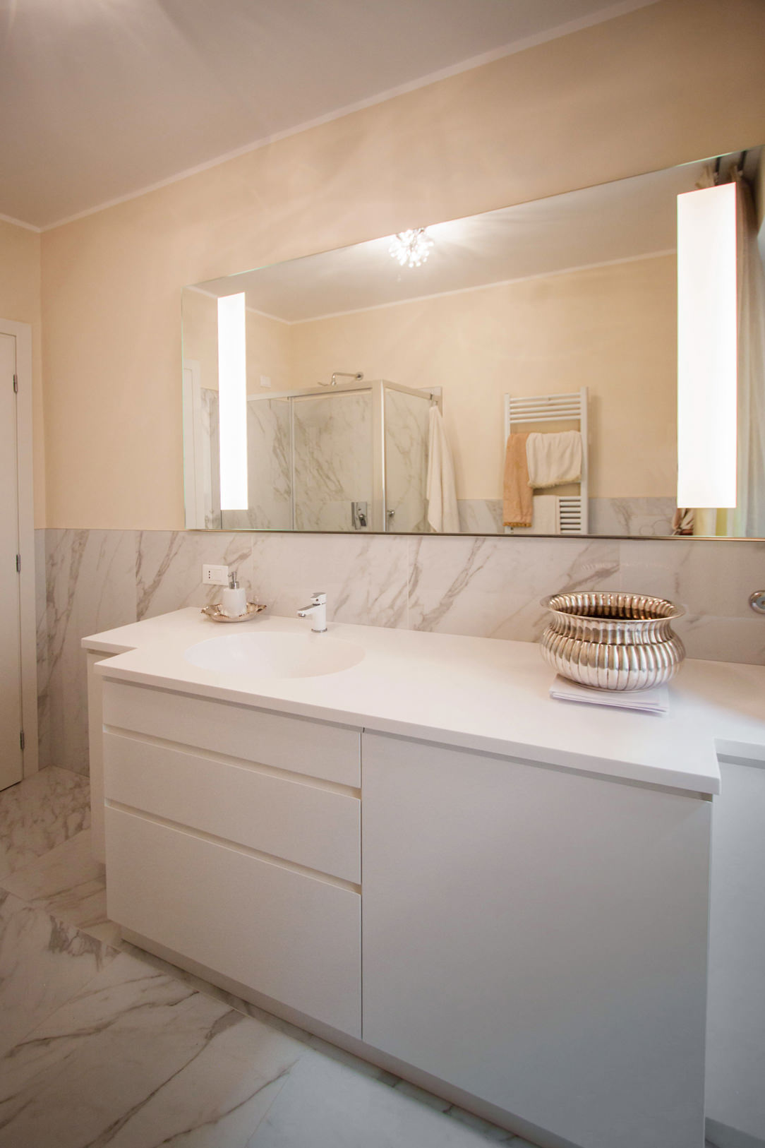 contemporary style shaped bathroom cabinet with Corian top