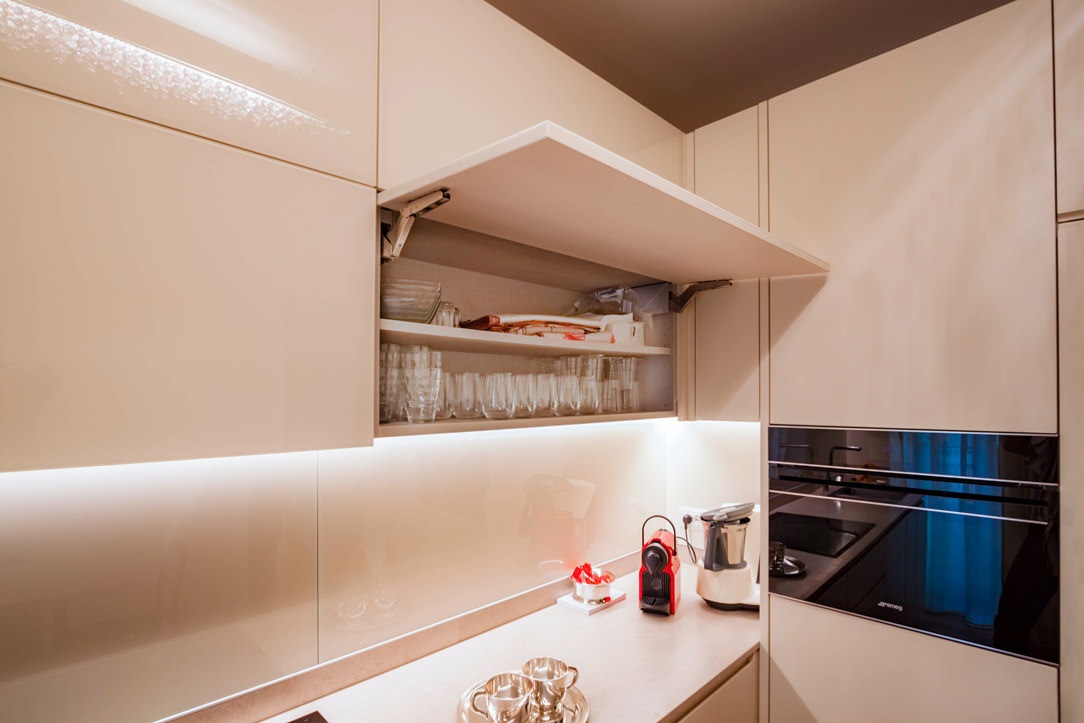 lacobel cream kitchen wall units flap opening internal shelf