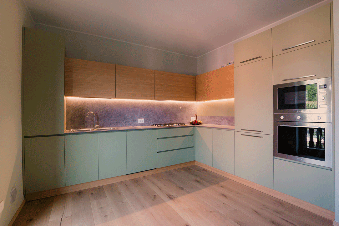 Opening doors white kitchen with island