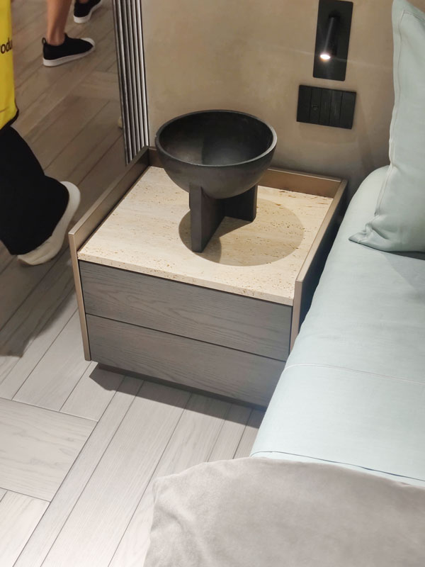 Design Week 2023 bedside table travertine metallic lacquered dark wood