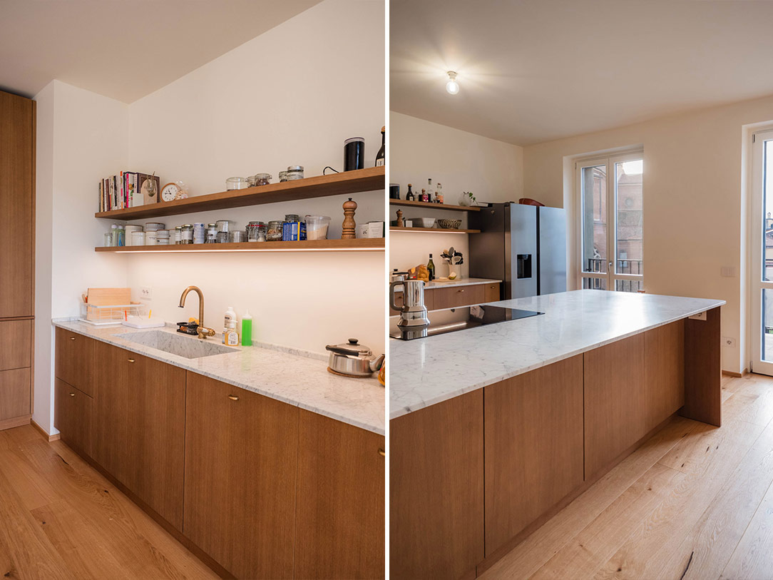 Cucina rovere tinto spazzolato piano marmo bianco carrara 05